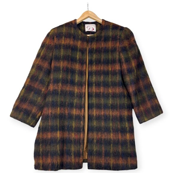Vintage 90s DONCASTER Womens Plaid Topper Coat Mohair Blend Open A-Line Sz 6 - Picture 3 of 16
